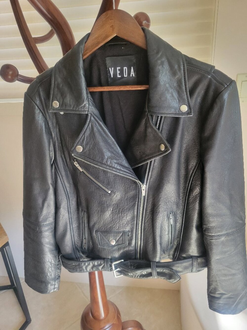 Veda Black Genuine Leather Biker Jacket – Excellent Condition